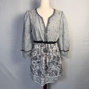 Robert Graham Womens Black White Floral Paisley Lace Trim V-Neck Mini dress LX